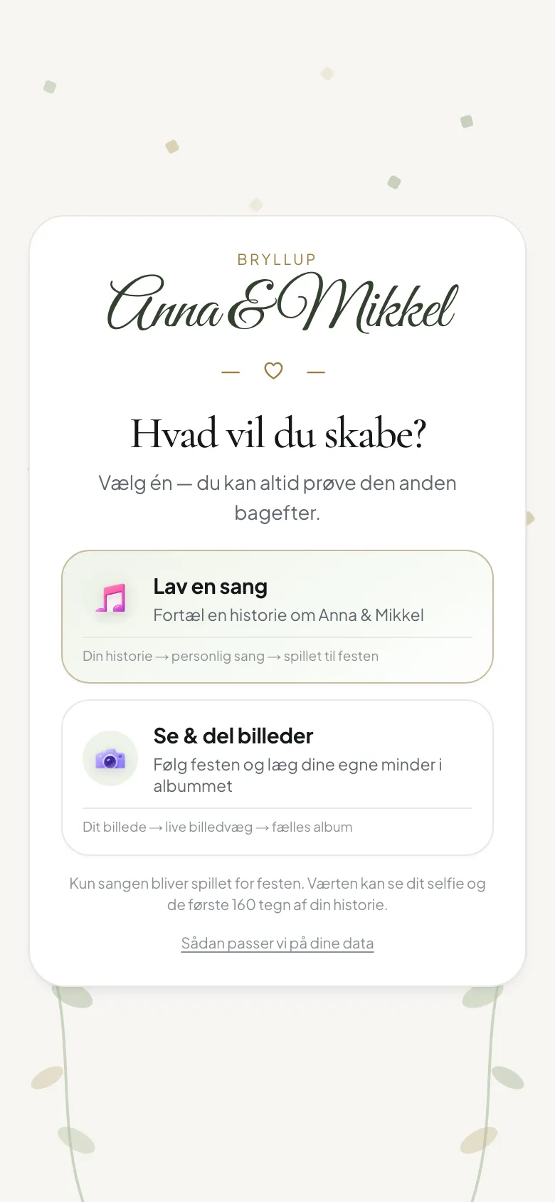 Gæstesiden til Anna og Mikkels bryllup på en telefon, hvor gæsten vælger mellem at lave en sang og at dele billeder.